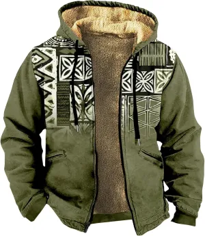 Mens Fleece Jacket Fuzzy Sherpa Jacket Western Aztec Print Vintage Sweatshirts Winter Warm Ethnic Casual Sweater Coat