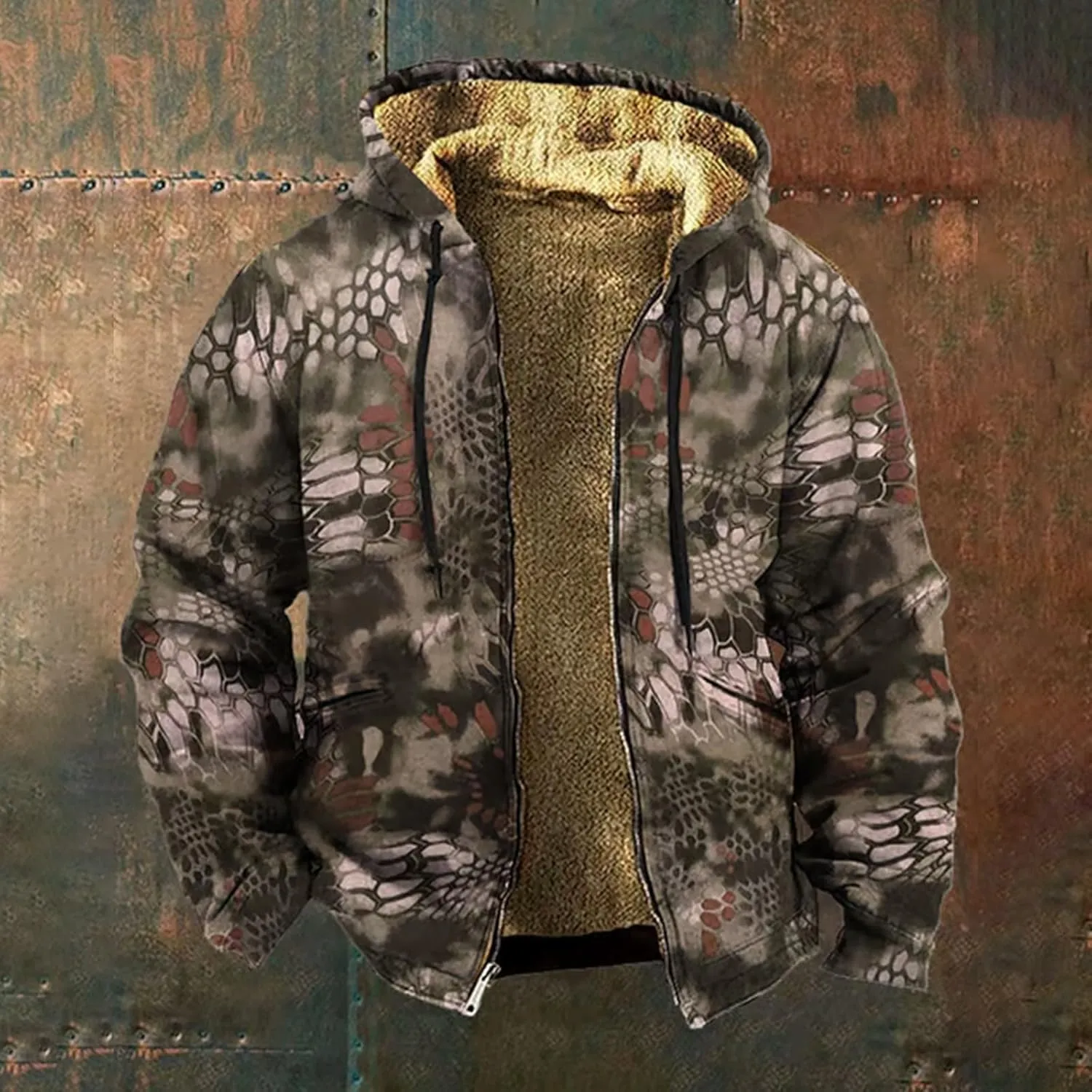 Men's Full Zip Up Fleece Flannel Jackets Camo Camouflage Hoodies Warm Sweater Coat Hunting Performance Sweatshirt