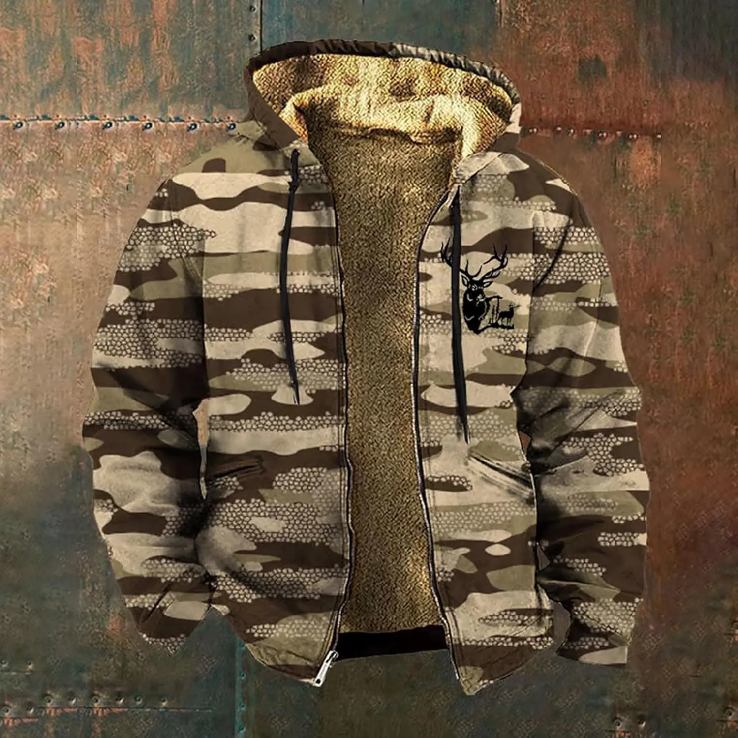 Men's Full Zip Up Fleece Flannel Jackets Camo Camouflage Hoodies Warm Sweater Coat Hunting Performance Sweatshirt
