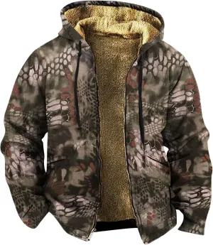 Men's Full Zip Up Fleece Flannel Jackets Camo Camouflage Hoodies Warm Sweater Coat Hunting Performance Sweatshirt