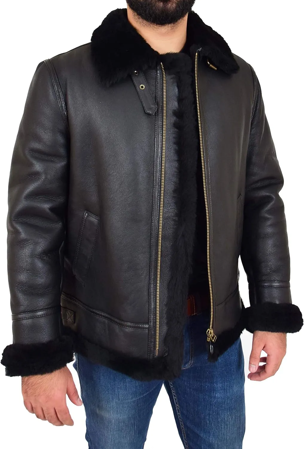 Mens Genuine Black Sheepskin Jacket Flying Aviator B3 Bomber Shearling Coat Cockpit