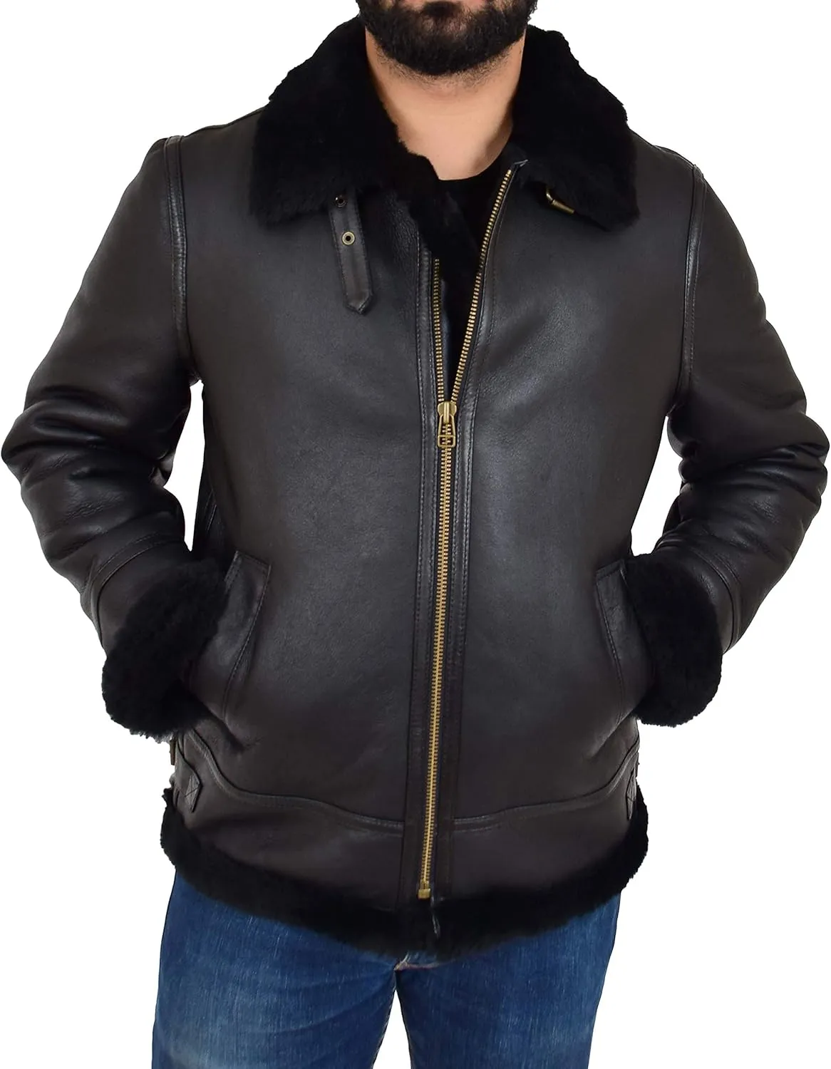 Mens Genuine Black Sheepskin Jacket Flying Aviator B3 Bomber Shearling Coat Cockpit