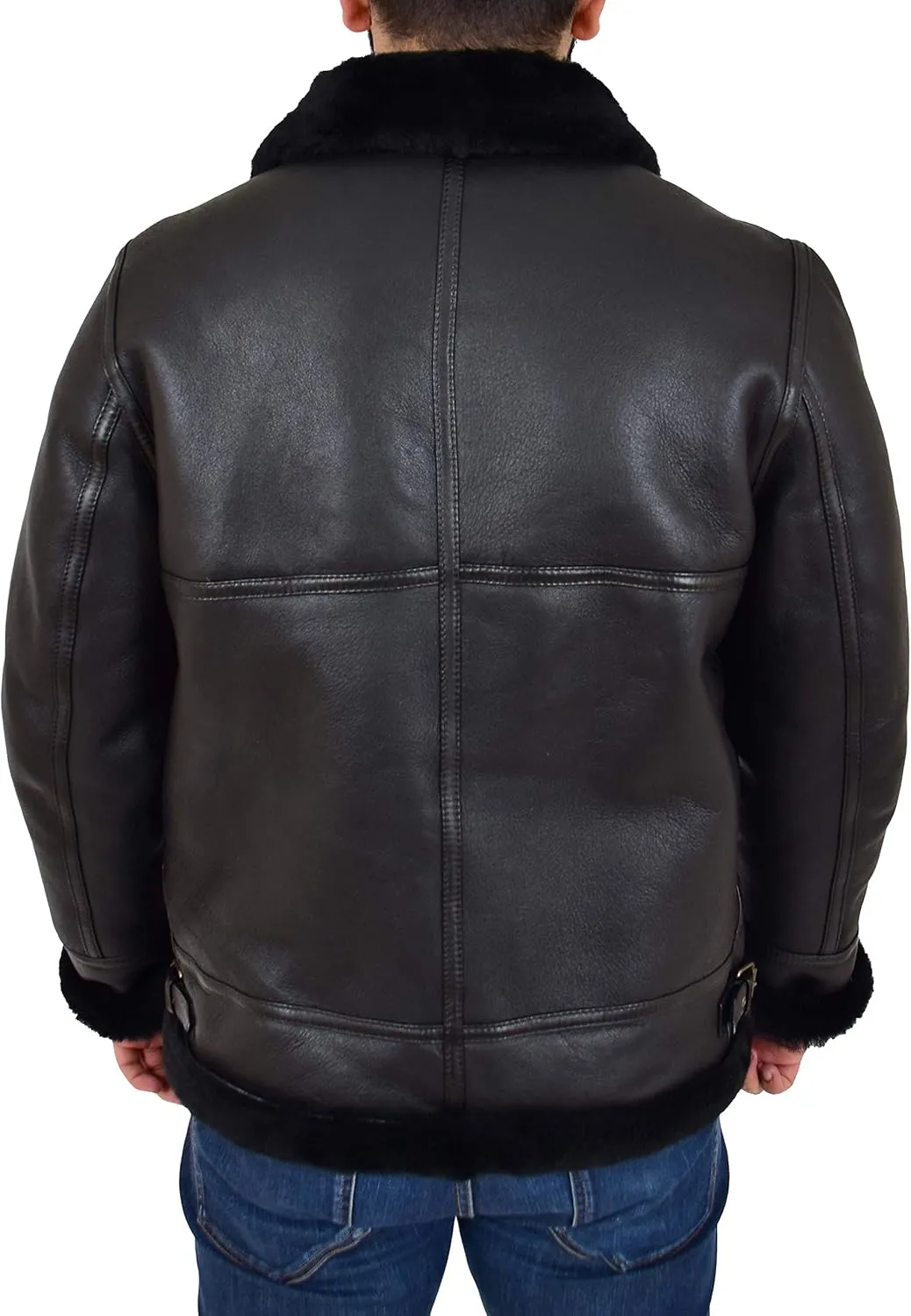 Mens Genuine Black Sheepskin Jacket Flying Aviator B3 Bomber Shearling Coat Cockpit