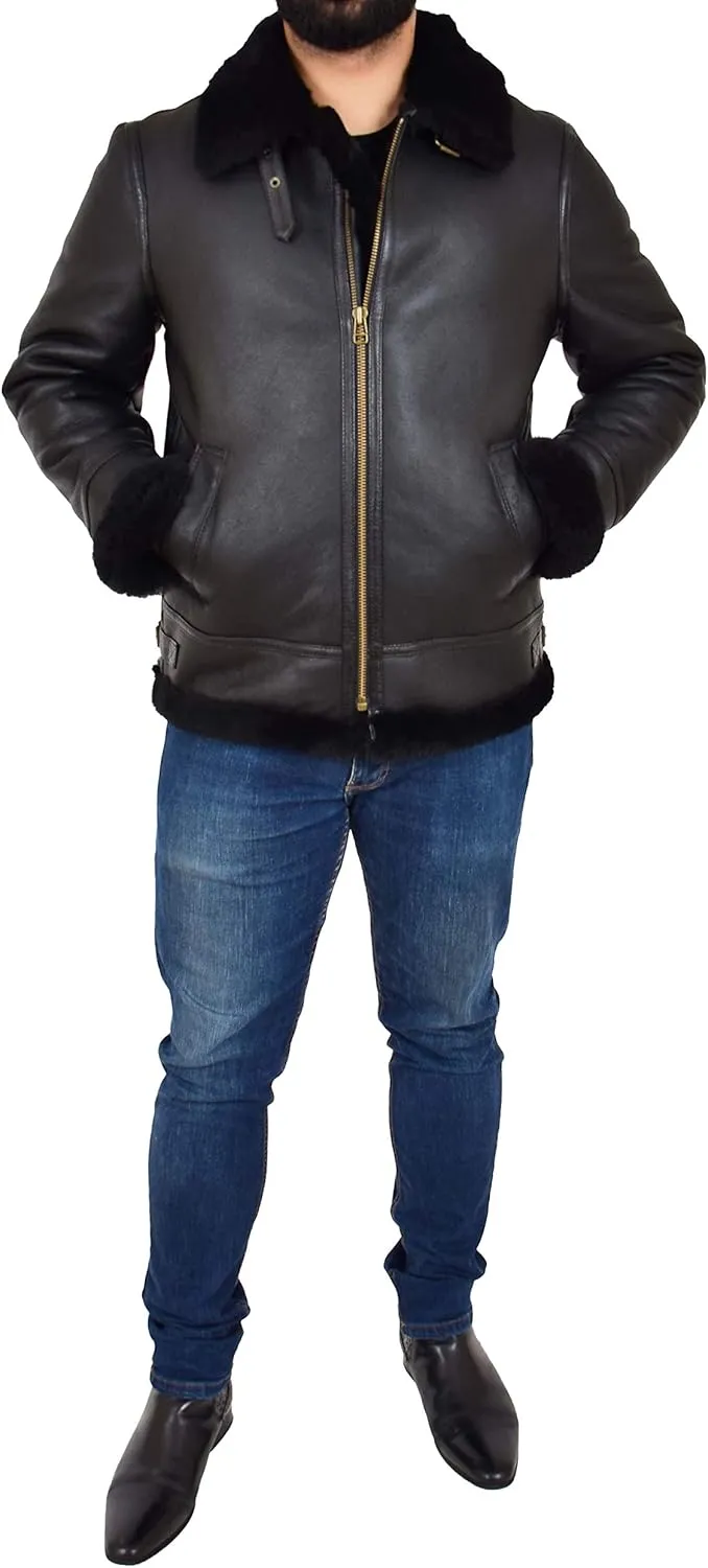 Mens Genuine Black Sheepskin Jacket Flying Aviator B3 Bomber Shearling Coat Cockpit