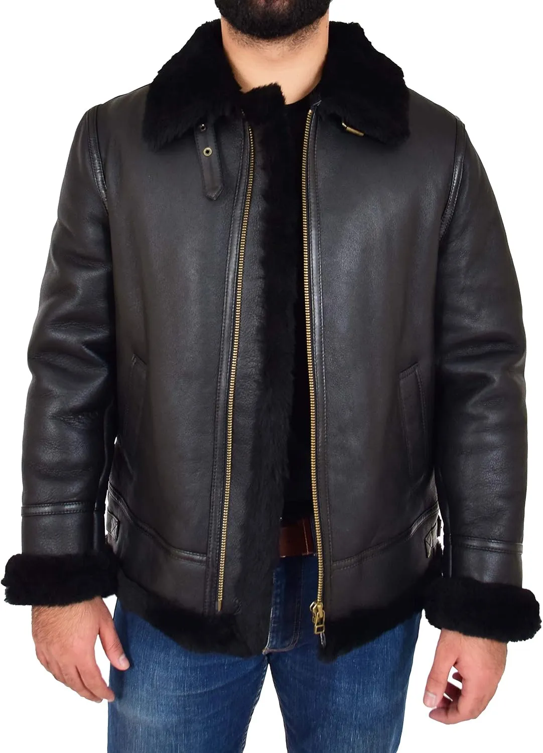 Mens Genuine Black Sheepskin Jacket Flying Aviator B3 Bomber Shearling Coat Cockpit