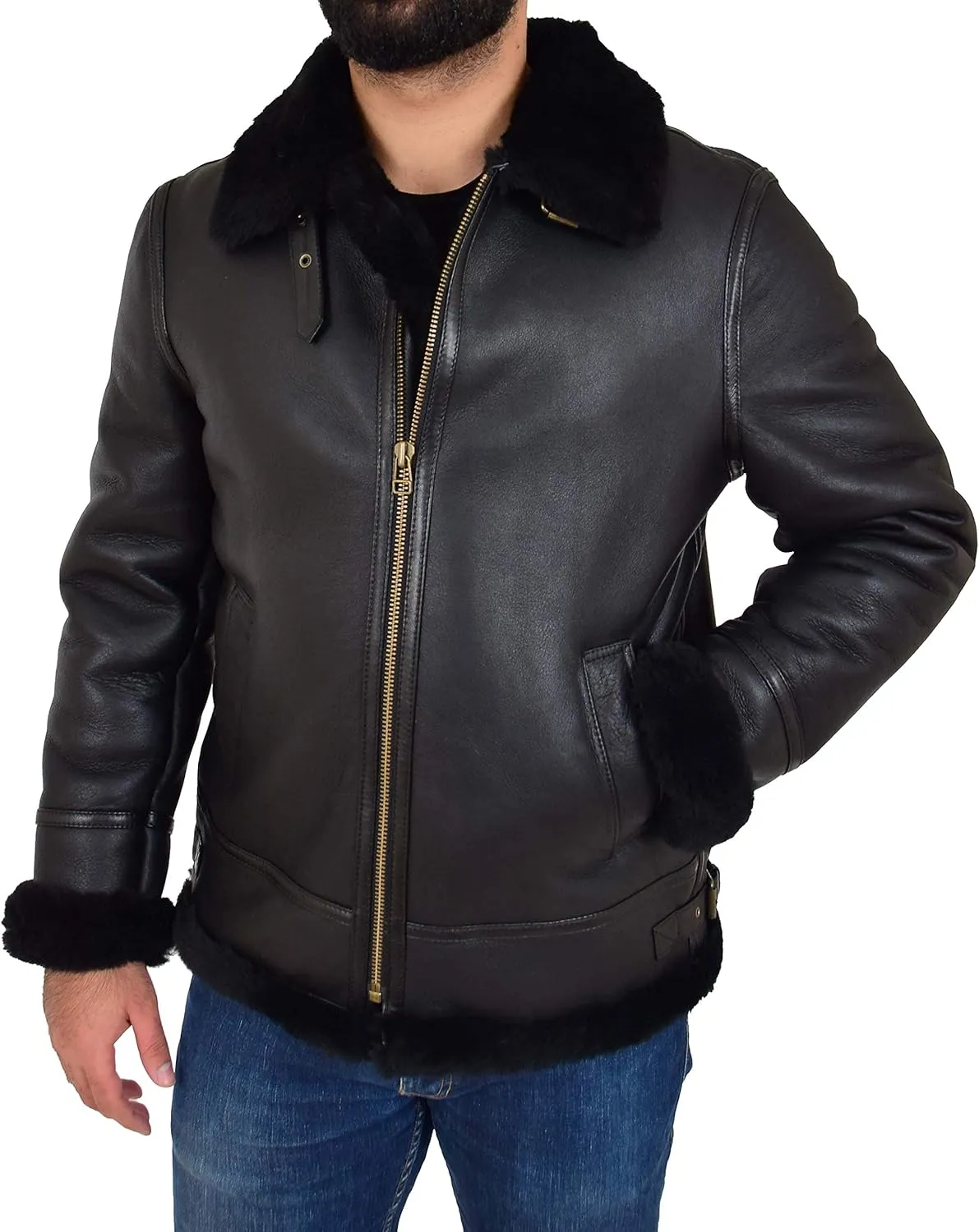 Mens Genuine Black Sheepskin Jacket Flying Aviator B3 Bomber Shearling Coat Cockpit