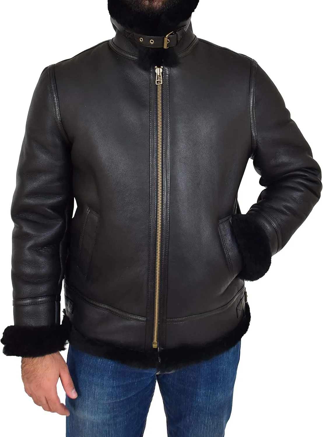 Mens Genuine Black Sheepskin Jacket Flying Aviator B3 Bomber Shearling Coat Cockpit
