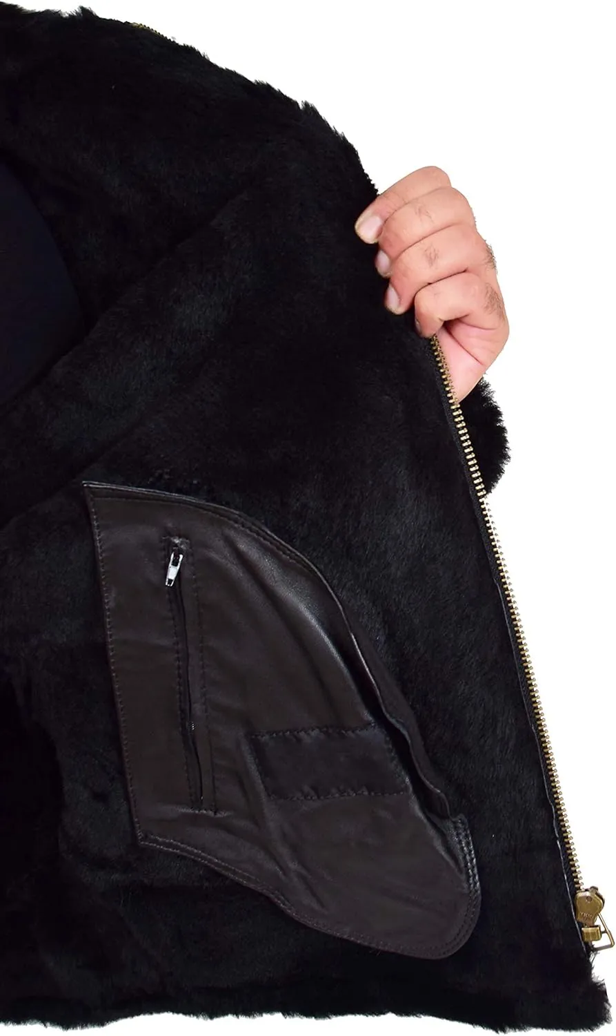 Mens Genuine Black Sheepskin Jacket Flying Aviator B3 Bomber Shearling Coat Cockpit