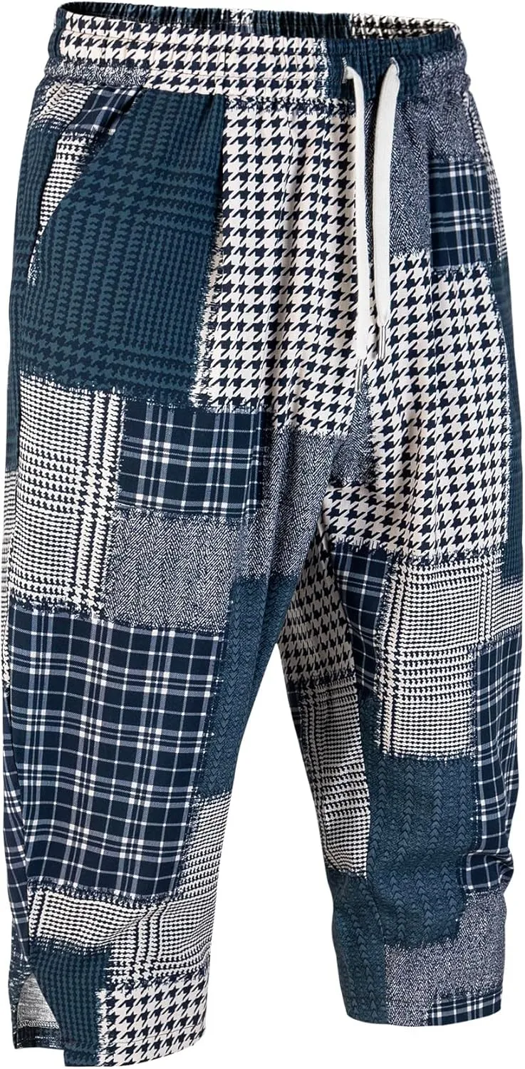 Men's Harem Yoga Shorts Cotton Capri 3/4 Pants Patchwork Casual Baggy Beach Shorts Drawstring Cropped Trousers