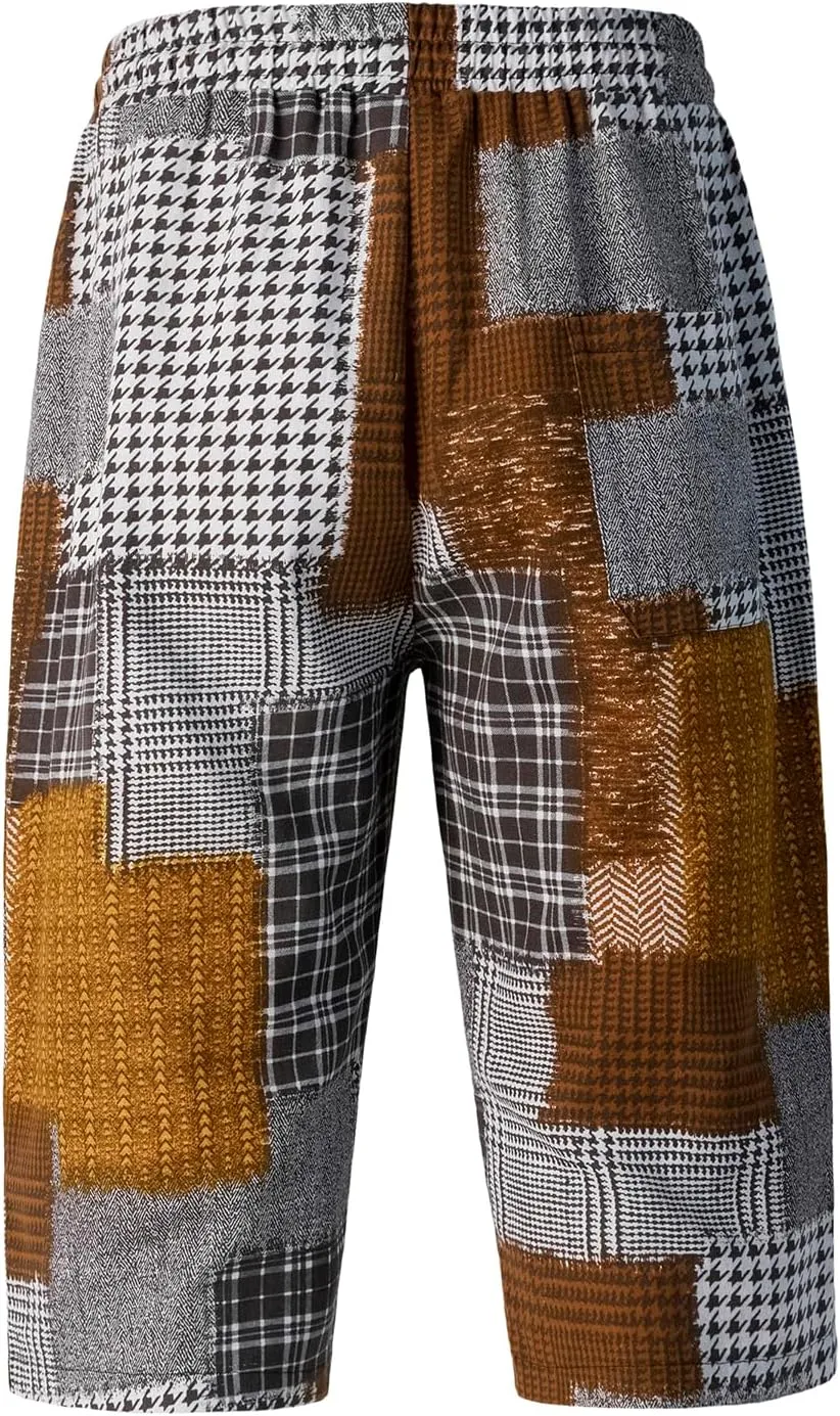 Men's Harem Yoga Shorts Cotton Capri 3/4 Pants Patchwork Casual Baggy Beach Shorts Drawstring Cropped Trousers