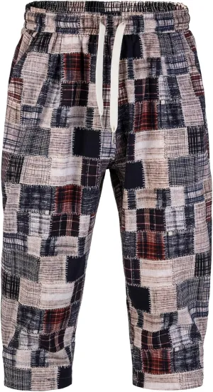 Men's Harem Yoga Shorts Cotton Capri 3/4 Pants Patchwork Casual Baggy Beach Shorts Drawstring Cropped Trousers