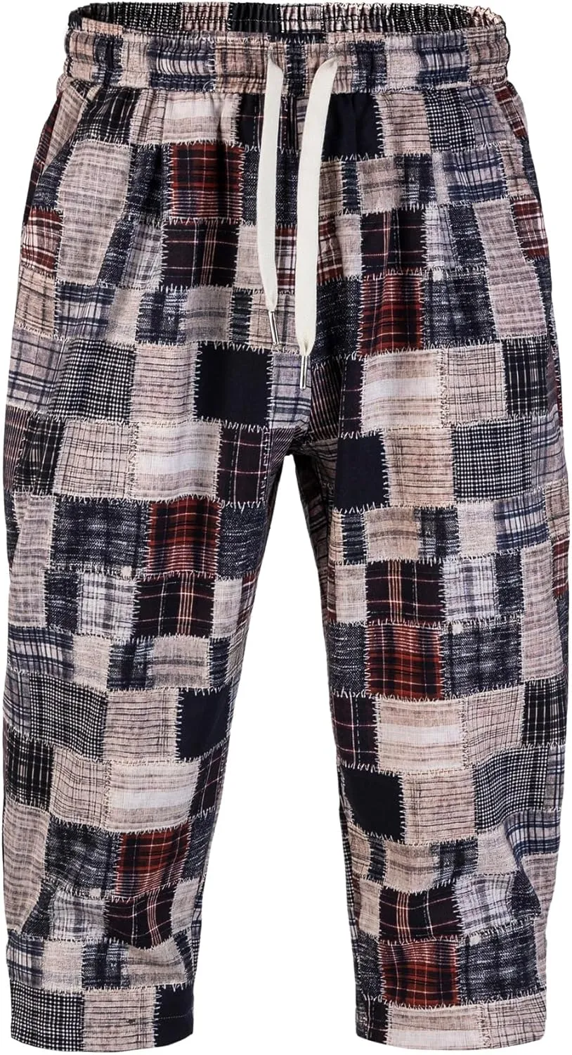 Men's Harem Yoga Shorts Cotton Capri 3/4 Pants Patchwork Casual Baggy Beach Shorts Drawstring Cropped Trousers