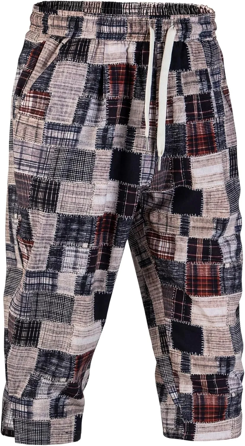 Men's Harem Yoga Shorts Cotton Capri 3/4 Pants Patchwork Casual Baggy Beach Shorts Drawstring Cropped Trousers