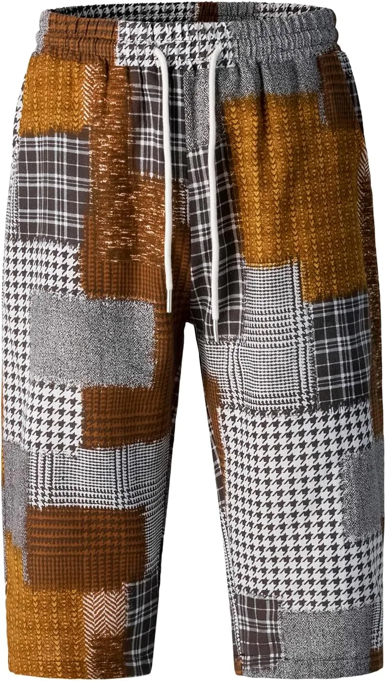 Men's Harem Yoga Shorts Cotton Capri 3/4 Pants Patchwork Casual Baggy Beach Shorts Drawstring Cropped Trousers