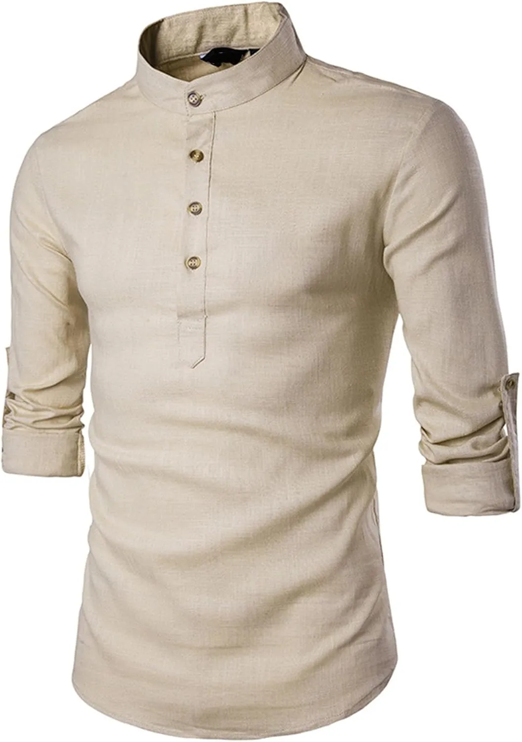 Men's Henley Linen Long Sleeve Shirts Casual Button-Down Shirts Roll-Up Slim Fit Tee Top