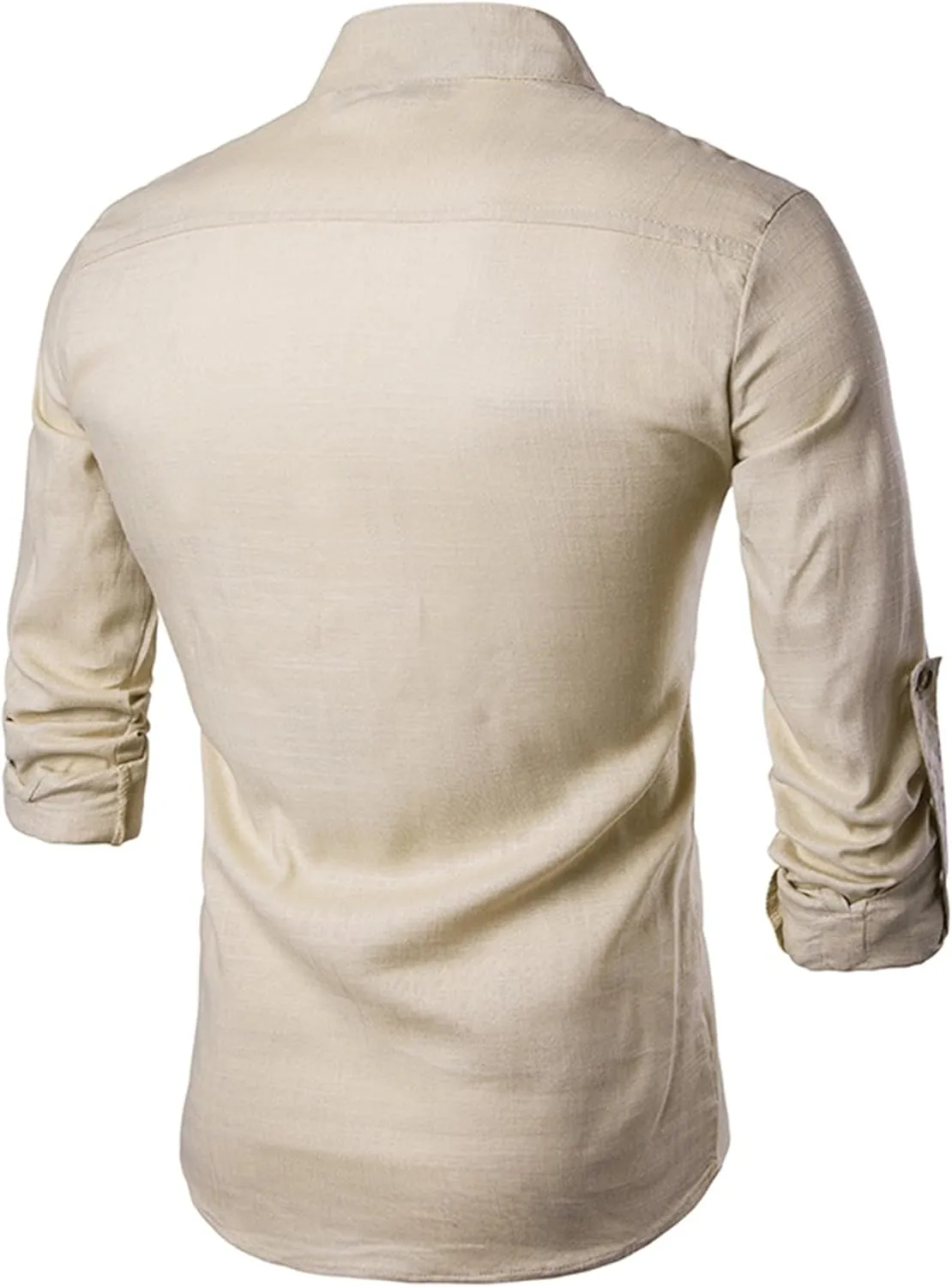 Men's Henley Linen Long Sleeve Shirts Casual Button-Down Shirts Roll-Up Slim Fit Tee Top