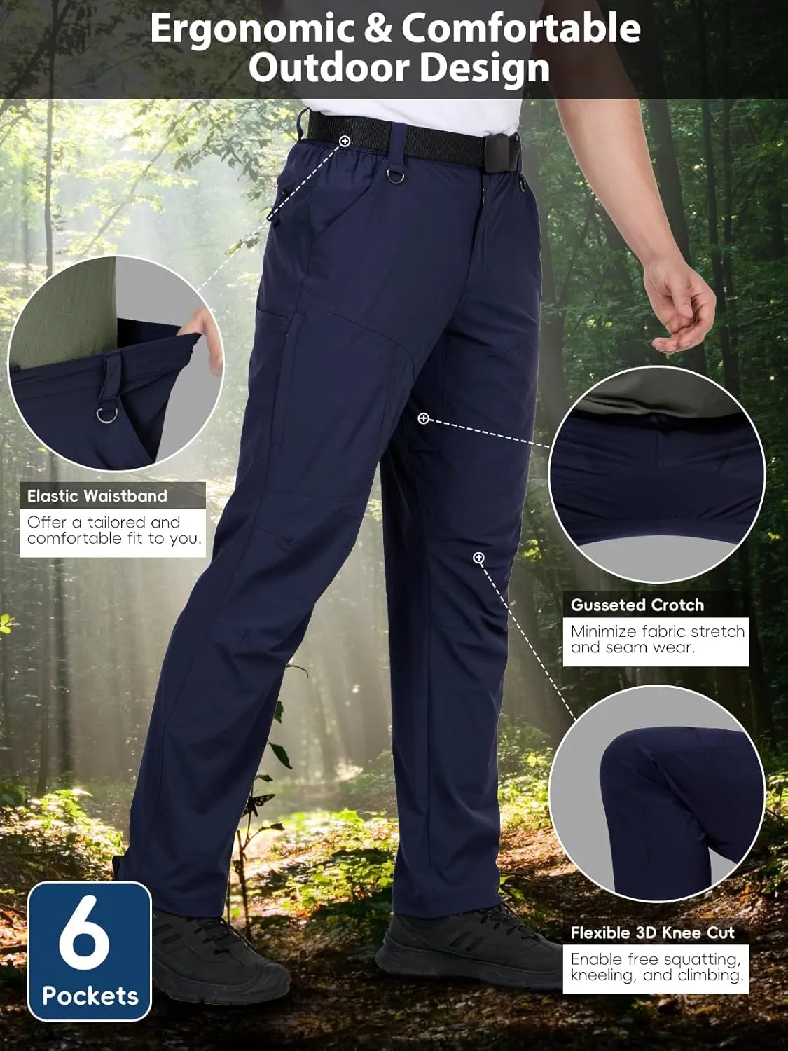 Mens Hiking Pants Lightweight Cargo Work Tactical Nylon Stretch Waterproof Quick Dry Fishing Travel Outdoor 6 Pockets