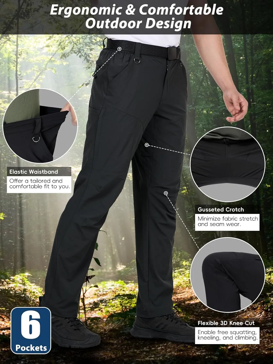 Mens Hiking Pants Lightweight Cargo Work Tactical Nylon Stretch Waterproof Quick Dry Fishing Travel Outdoor 6 Pockets