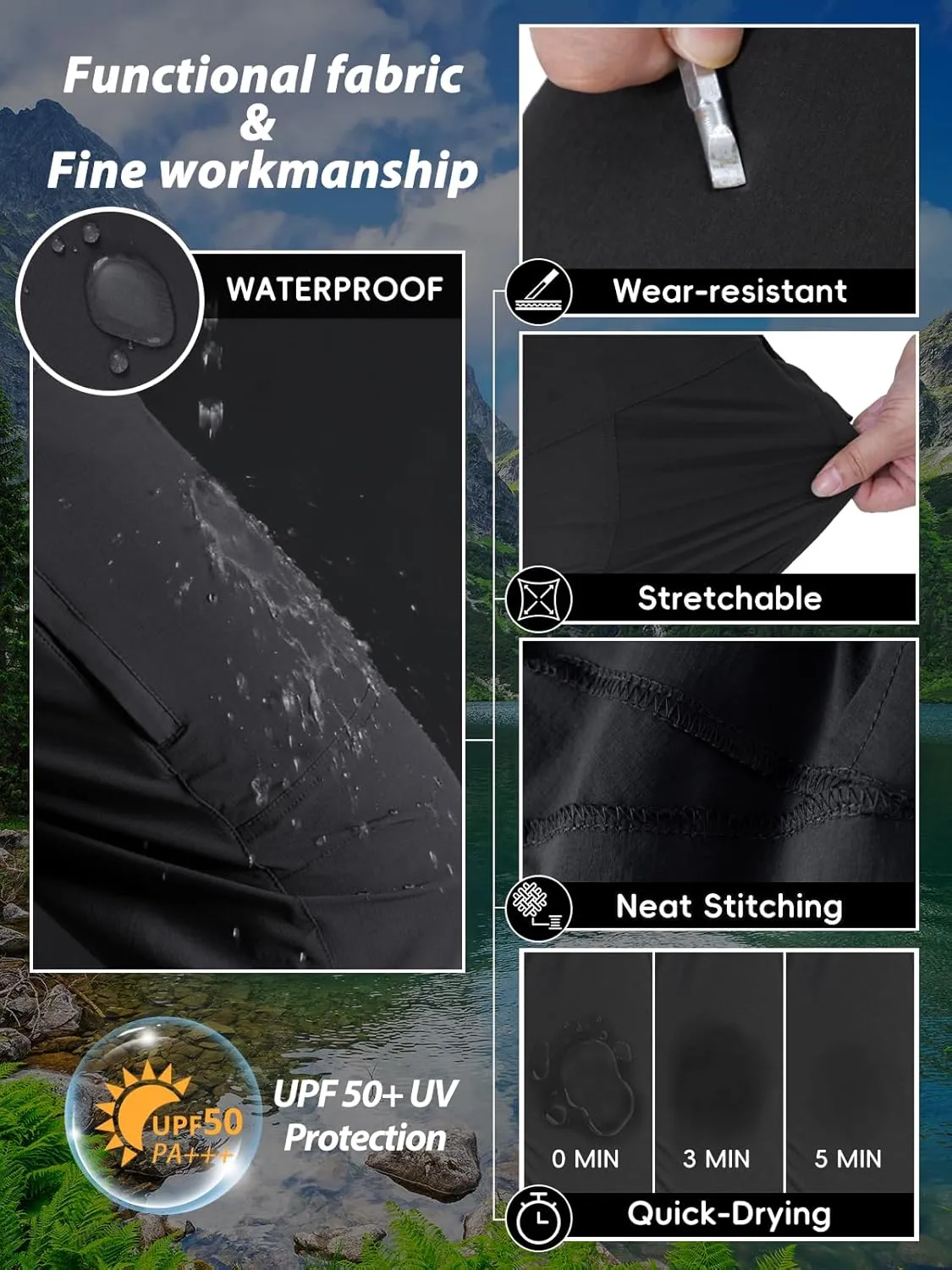 Mens Hiking Pants Lightweight Cargo Work Tactical Nylon Stretch Waterproof Quick Dry Fishing Travel Outdoor 6 Pockets
