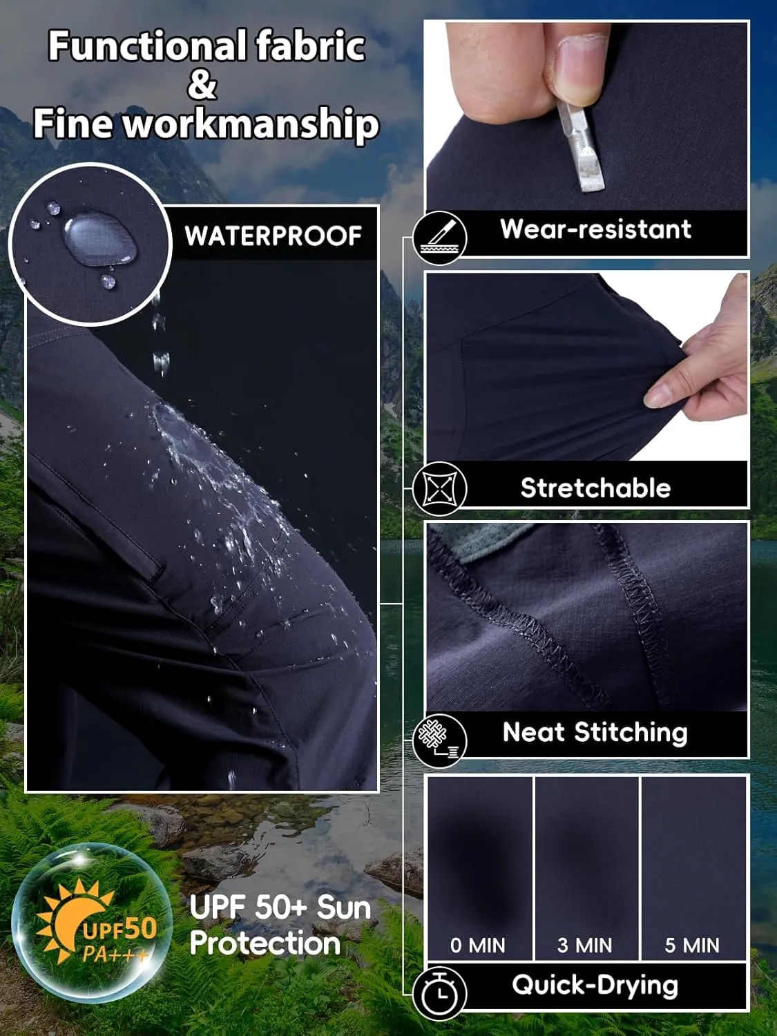 Mens Hiking Pants Lightweight Cargo Work Tactical Nylon Stretch Waterproof Quick Dry Fishing Travel Outdoor 6 Pockets