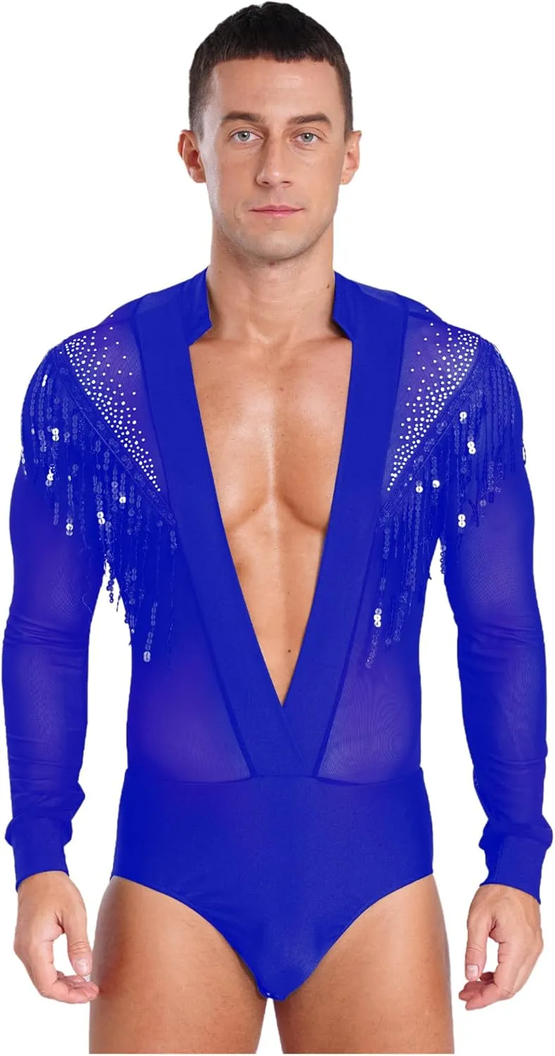 Men's Latin Dance Shirt Tassels Bodysuit Latin Salsa Samba Ballroom Dance Shirt Tops