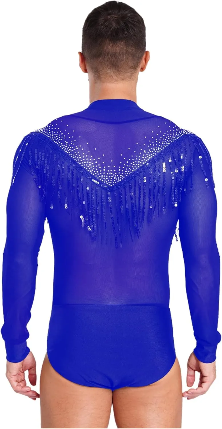 Men's Latin Dance Shirt Tassels Bodysuit Latin Salsa Samba Ballroom Dance Shirt Tops
