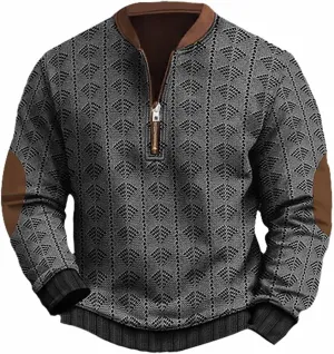 Men's Long Sleeve 1/4 Zip Pullover Sweater Vintage Stand Collar 3D Knit Pattern Sweater Casual Outdoor Sweatshirts
