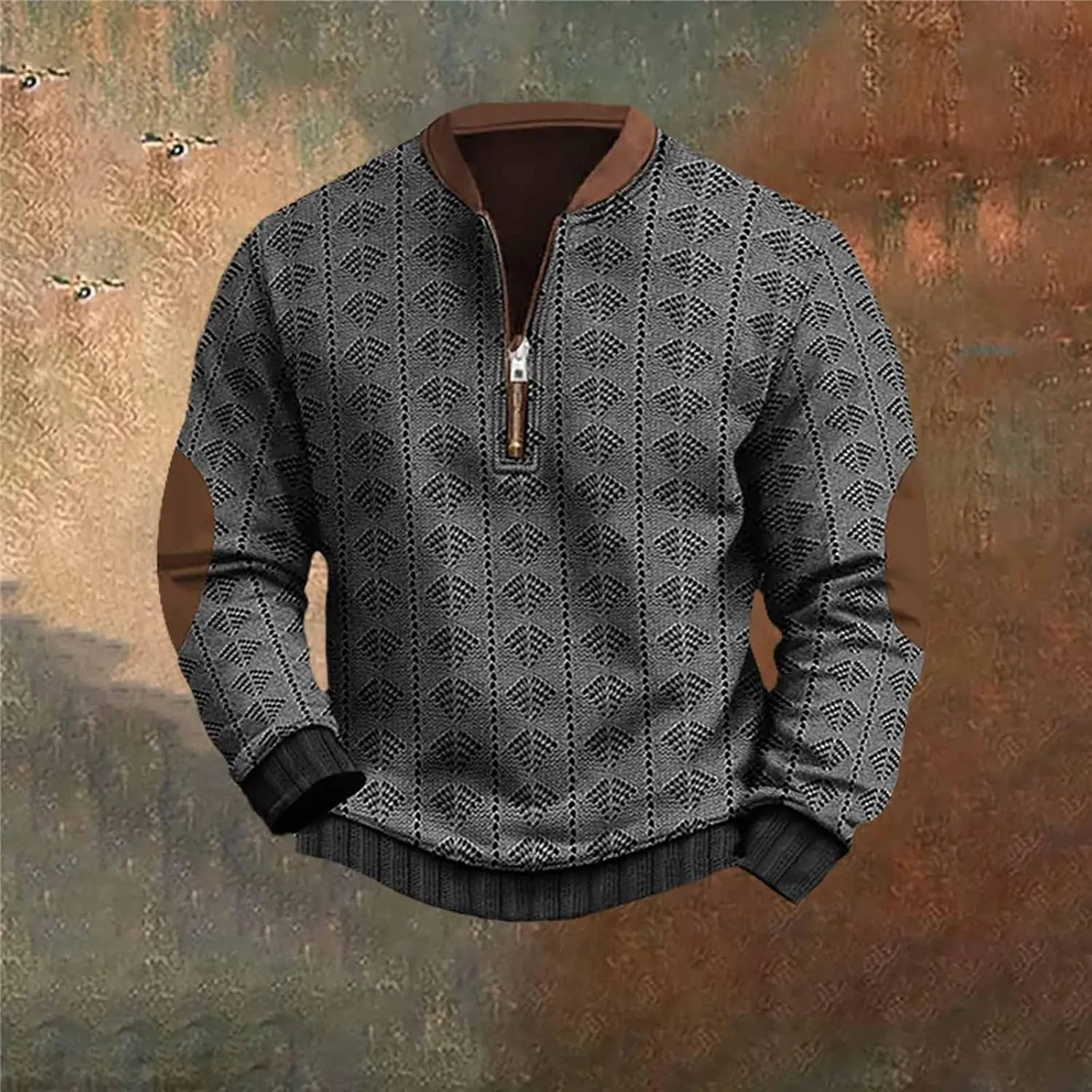 Men's Long Sleeve 1/4 Zip Pullover Sweater Vintage Stand Collar 3D Knit Pattern Sweater Casual Outdoor Sweatshirts