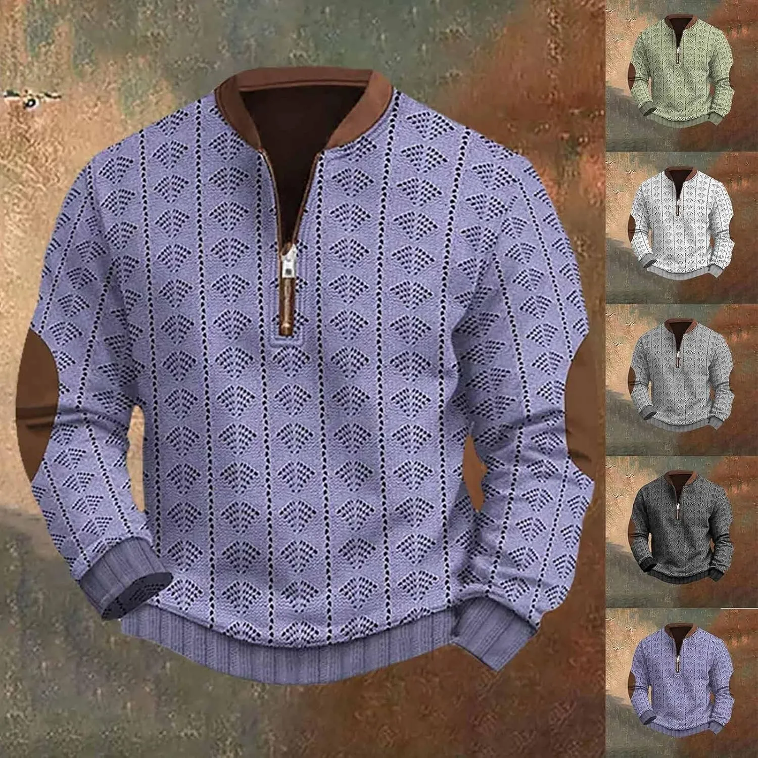 Men's Long Sleeve 1/4 Zip Pullover Sweater Vintage Stand Collar 3D Knit Pattern Sweater Casual Outdoor Sweatshirts