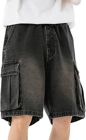 Men's Loose Y2K Hip Hop Mid Jean Shorts Baggy Denim Shorts with Pockets Skateboard Streetwear Clothes