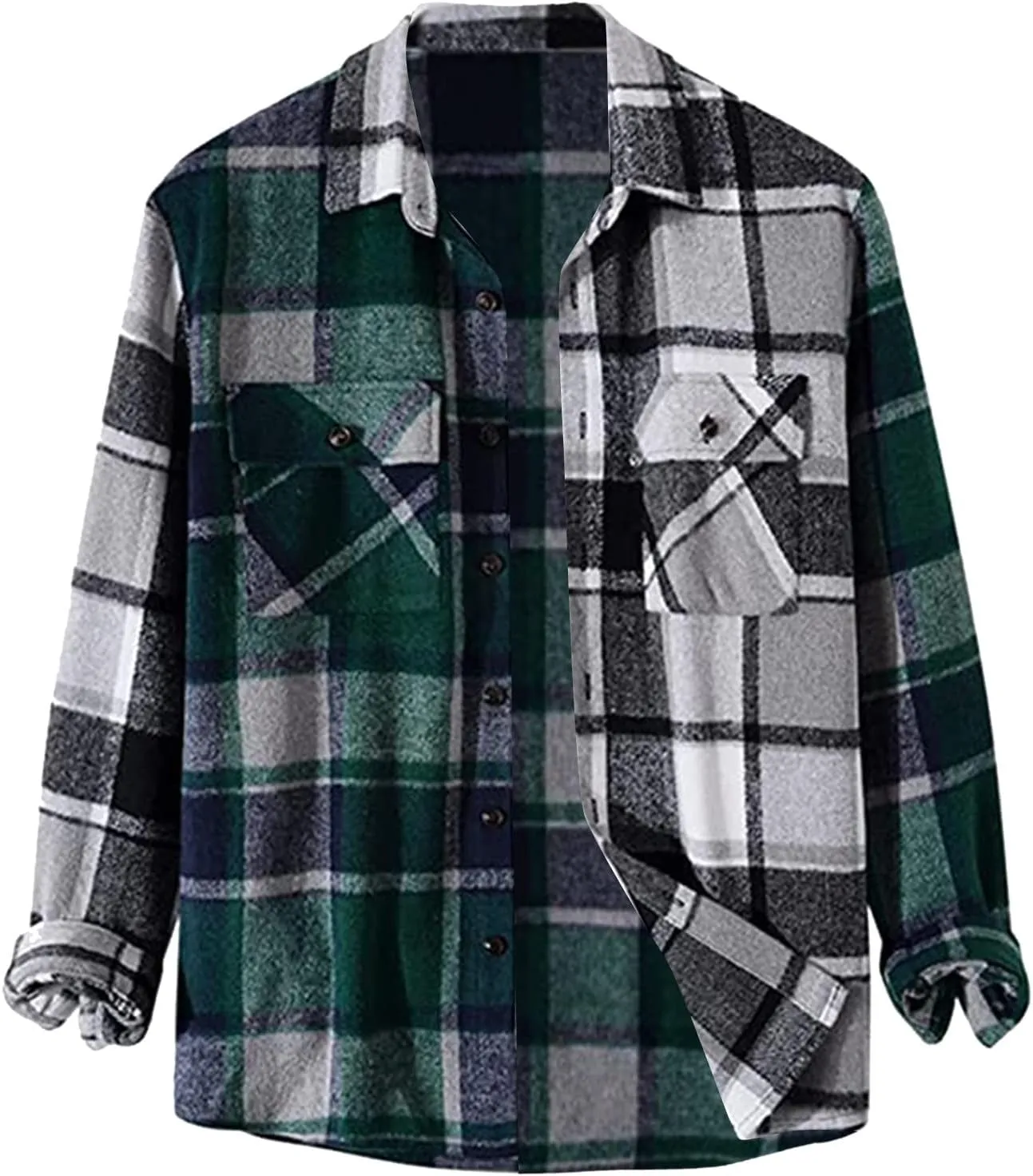 Men's Plaid Shirt Casual Flannel Jacket Lapel Button Down Pocket Long Sleeve Shirt Patchwork Jacket Thickened ​Coat