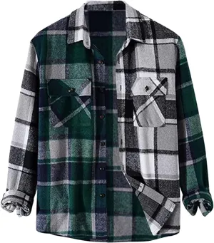 Men's Plaid Shirt Casual Flannel Jacket Lapel Button Down Pocket Long Sleeve Shirt Patchwork Jacket Thickened ​Coat