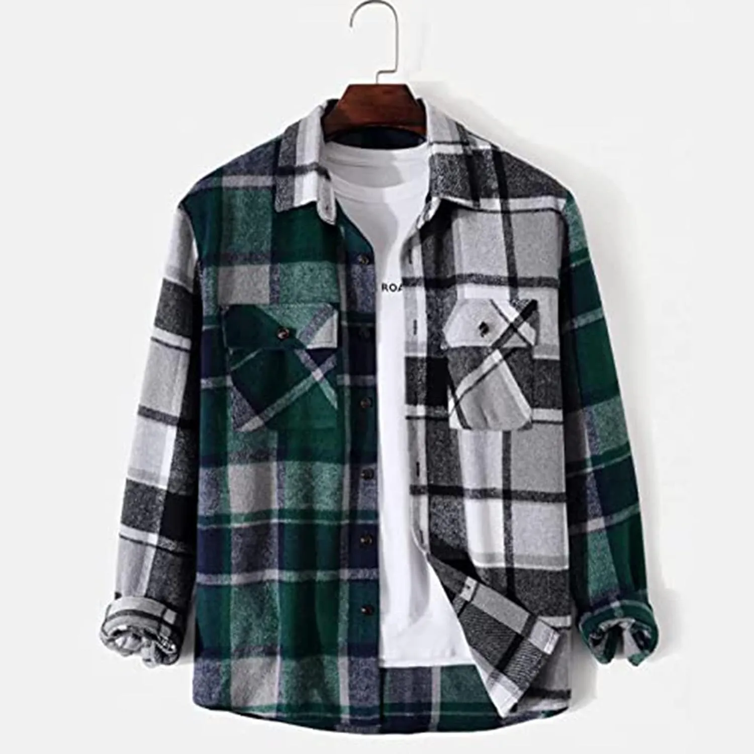 Men's Plaid Shirt Casual Flannel Jacket Lapel Button Down Pocket Long Sleeve Shirt Patchwork Jacket Thickened ​Coat
