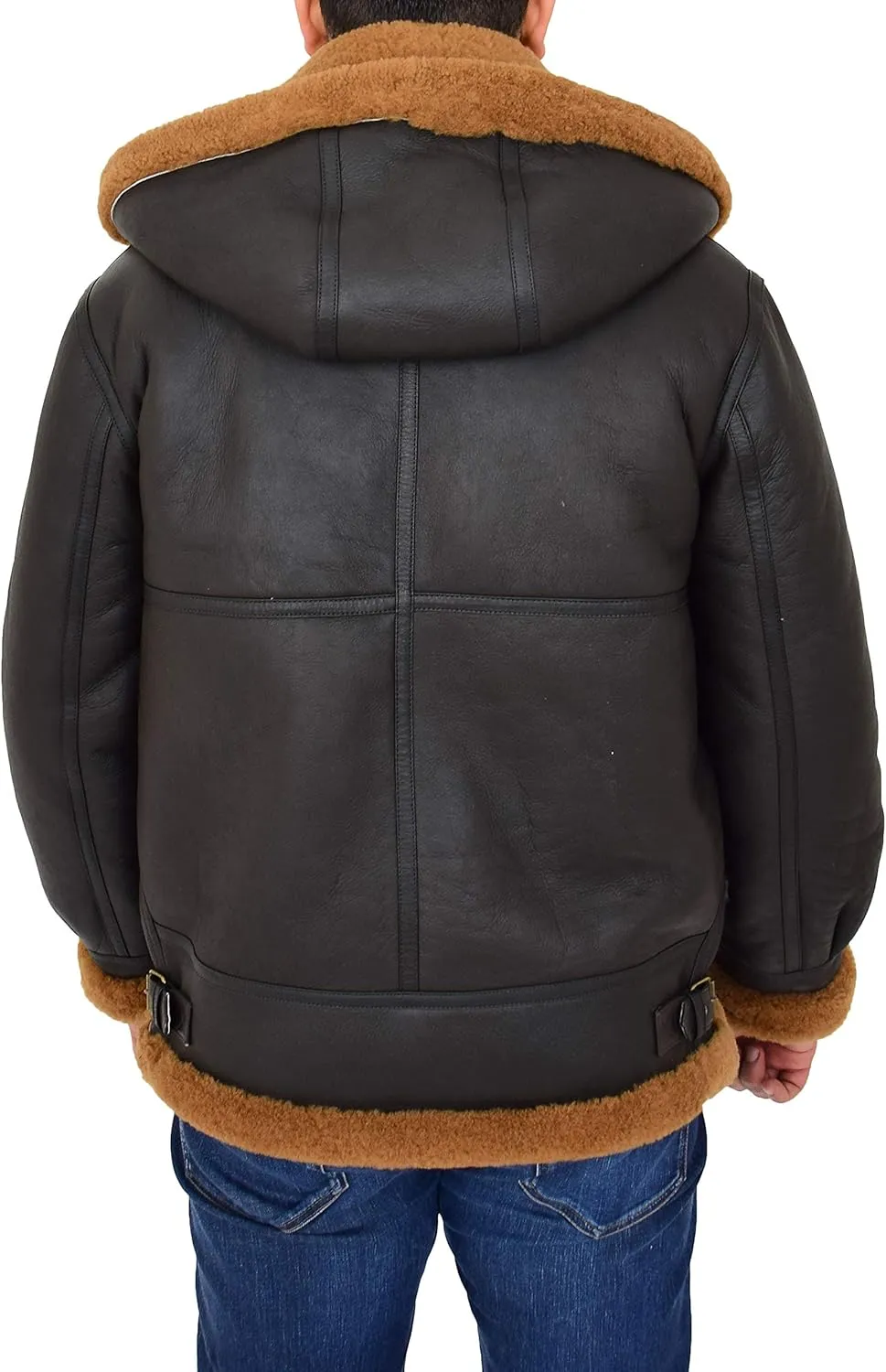 Mens Real Sheepskin Flying Jacket Hooded Brown Ginger Shearling Pilot B3 Aviator Bomber Hawker