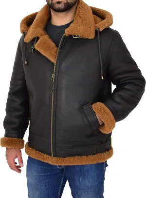 Mens Real Sheepskin Flying Jacket Hooded Brown Ginger Shearling Pilot B3 Aviator Bomber Hawker