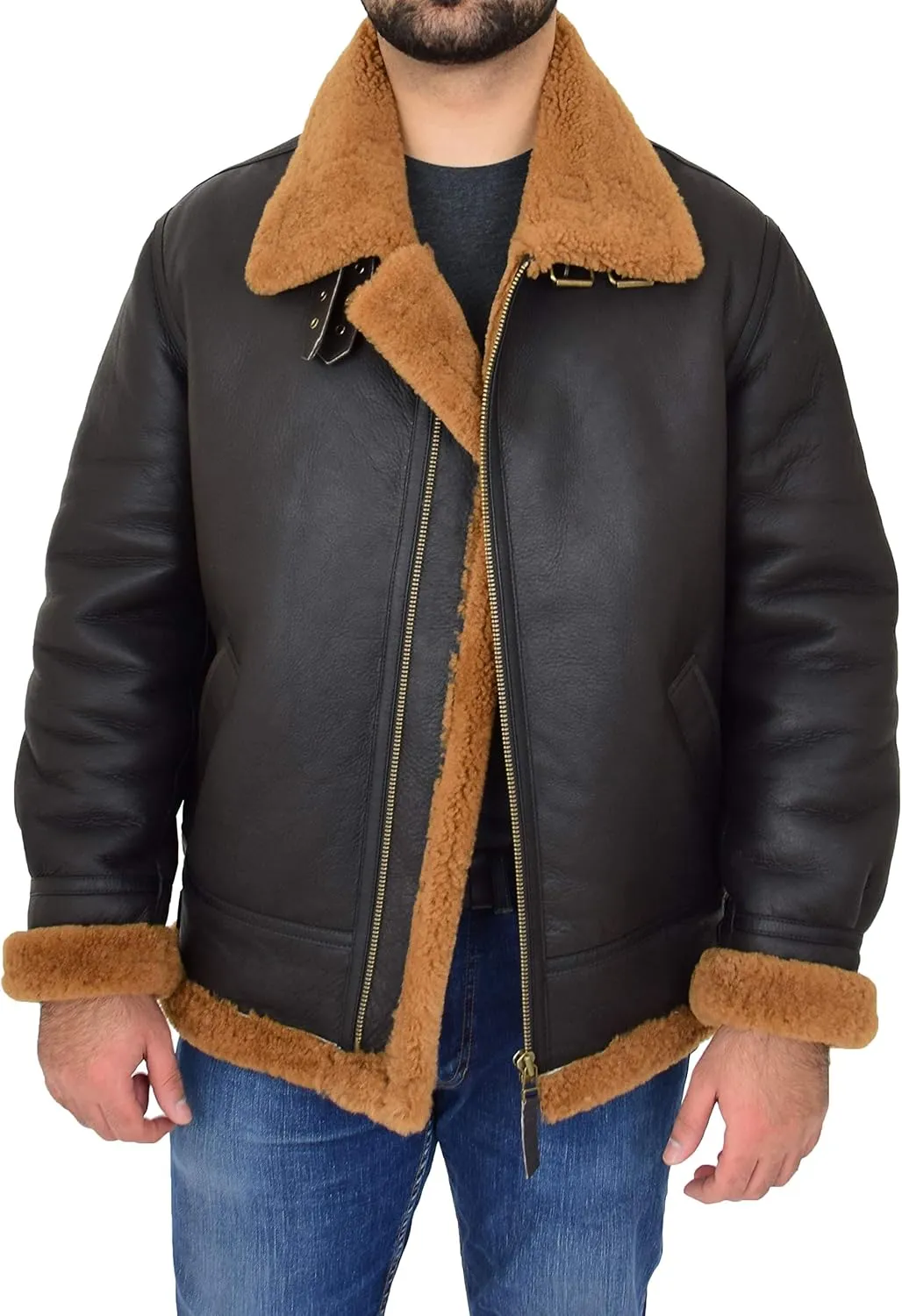 Mens Real Sheepskin Flying Jacket Hooded Brown Ginger Shearling Pilot B3 Aviator Bomber Hawker