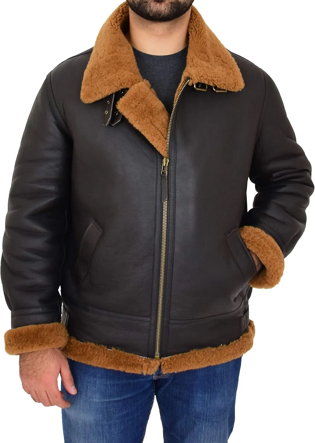 Mens Real Sheepskin Flying Jacket Hooded Brown Ginger Shearling Pilot B3 Aviator Bomber Hawker