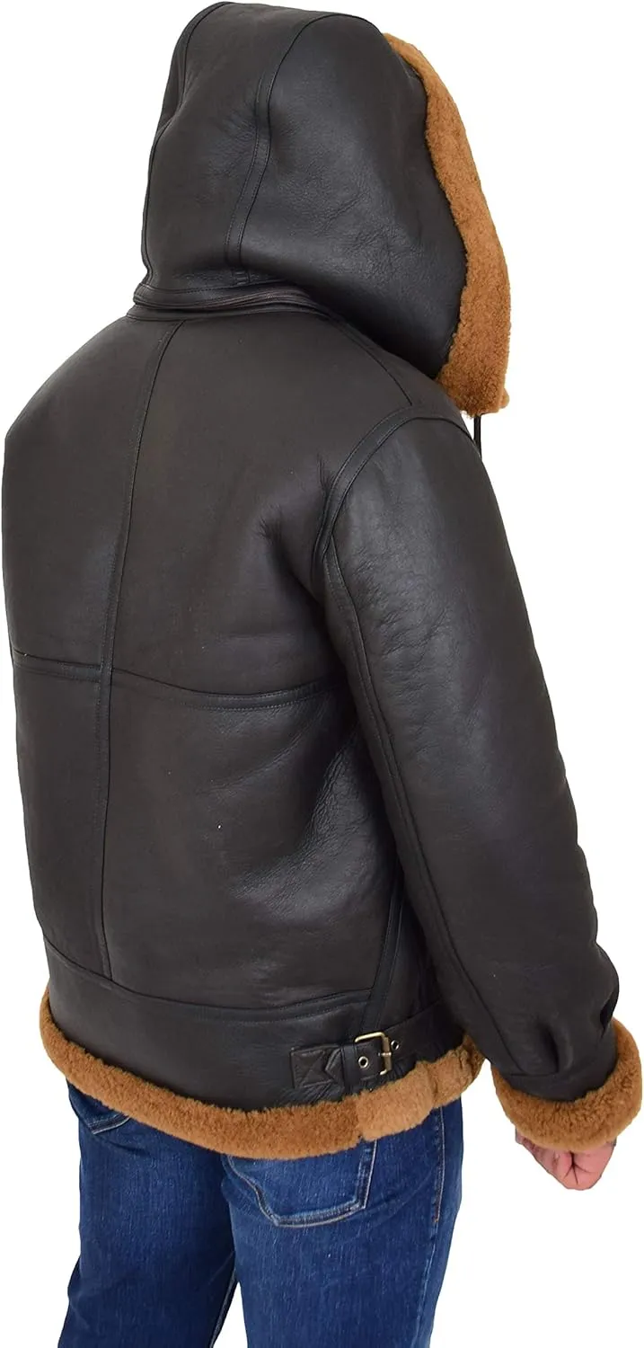 Mens Real Sheepskin Flying Jacket Hooded Brown Ginger Shearling Pilot B3 Aviator Bomber Hawker