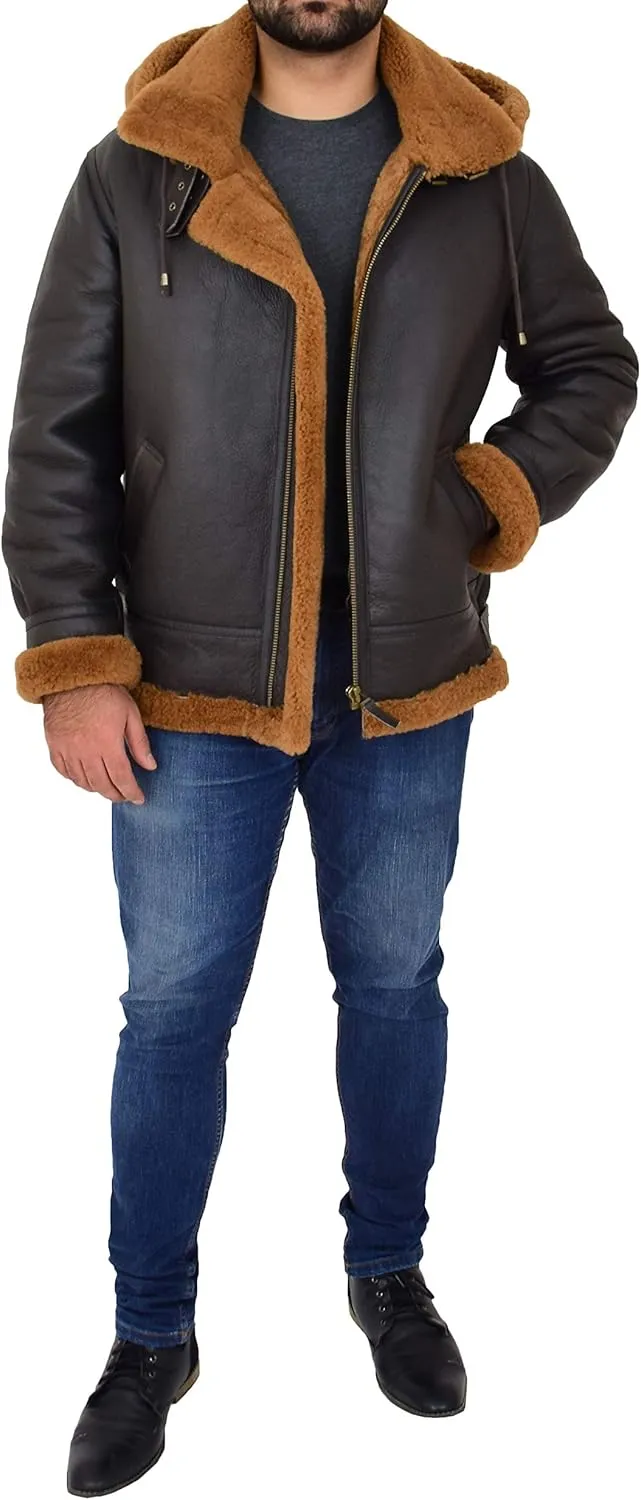 Mens Real Sheepskin Flying Jacket Hooded Brown Ginger Shearling Pilot B3 Aviator Bomber Hawker