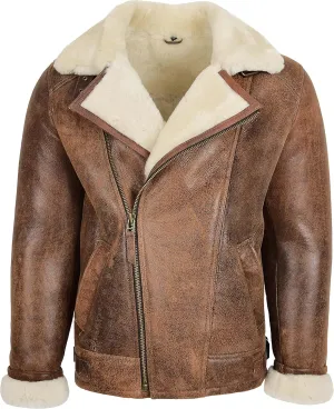 Mens Real Sheepskin Jacket Aviator Pilot Flying Style Cross Zip Blen (2XL, Antique Brown)