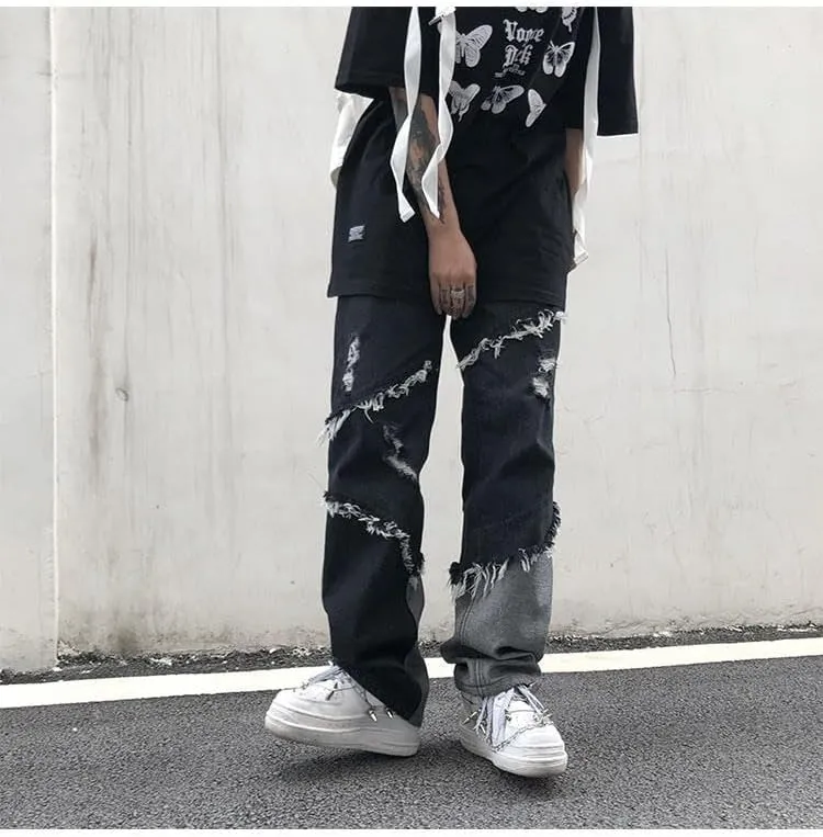 Men's Ripped Jeans, Distressed Destroyed Patchwork Straight Leg Denim Pants