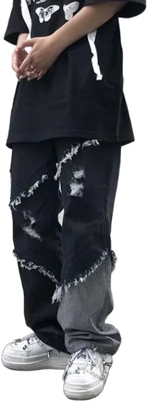 Men's Ripped Jeans, Distressed Destroyed Patchwork Straight Leg Denim Pants