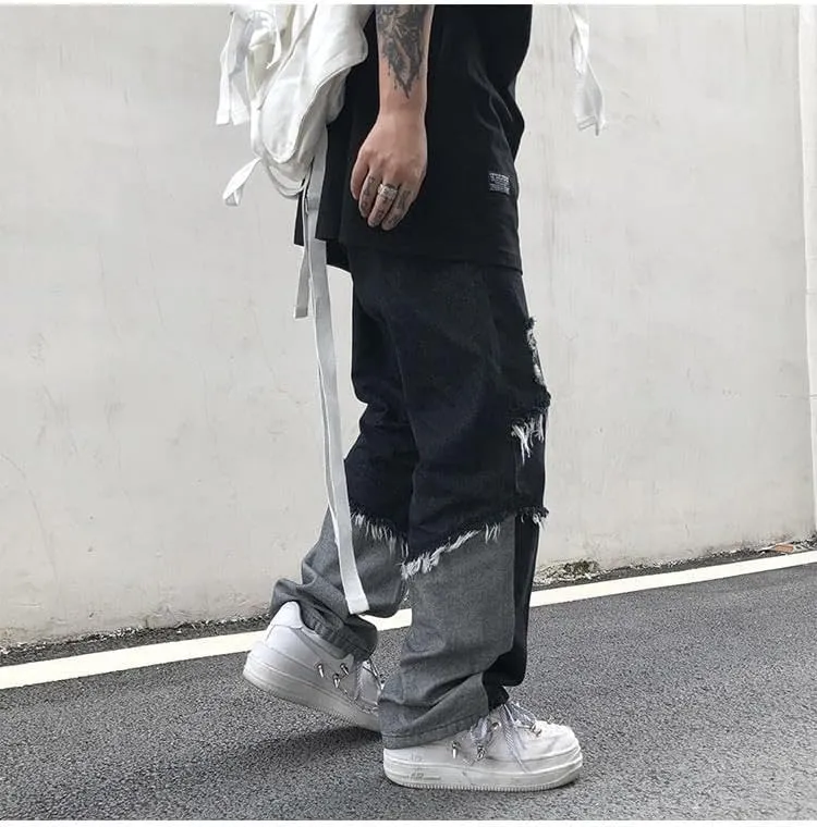 Men's Ripped Jeans, Distressed Destroyed Patchwork Straight Leg Denim Pants