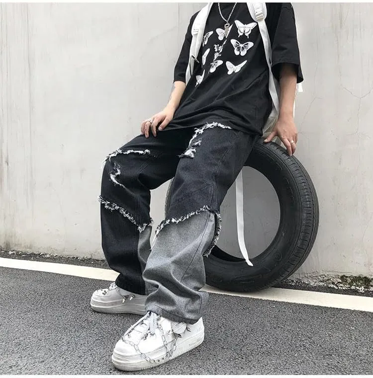 Men's Ripped Jeans, Distressed Destroyed Patchwork Straight Leg Denim Pants