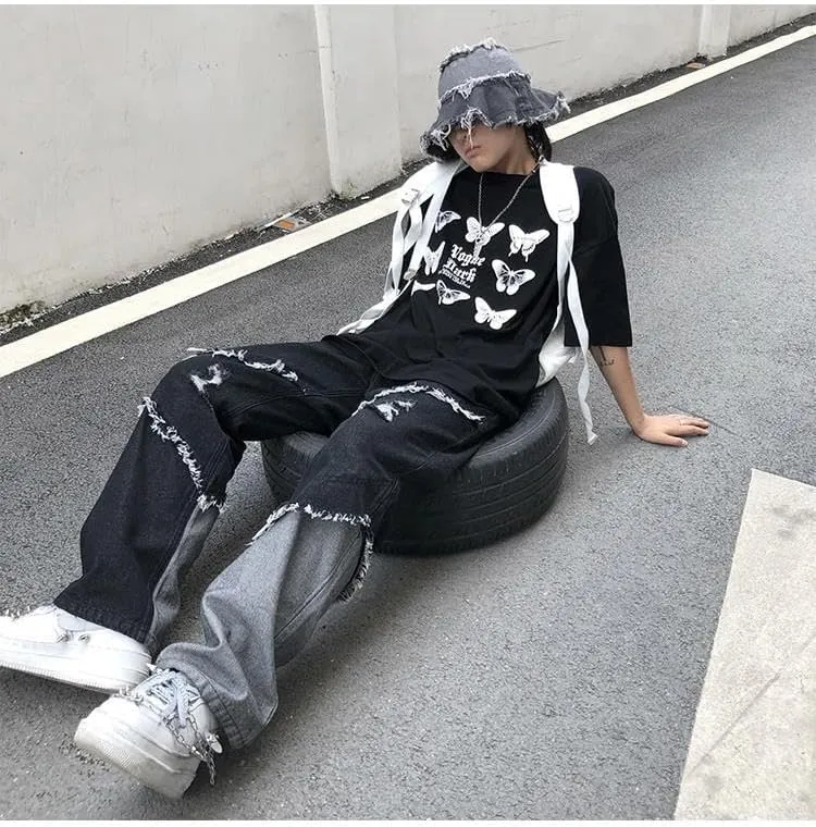 Men's Ripped Jeans, Distressed Destroyed Patchwork Straight Leg Denim Pants