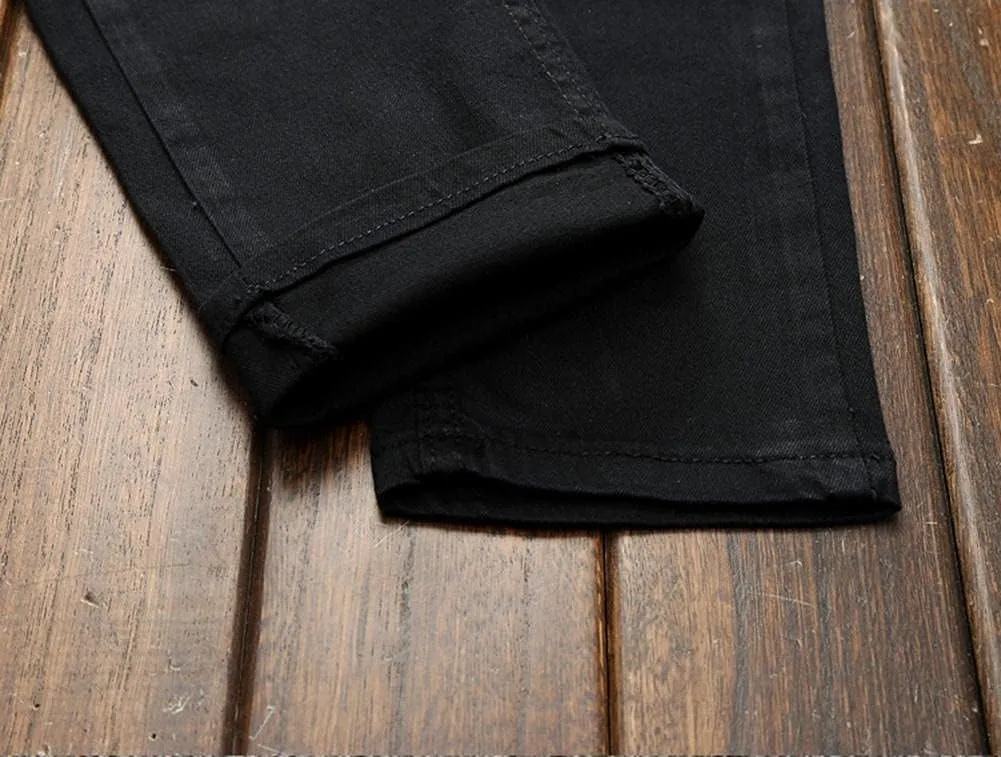 Men's Ripped Patchwork Pleated Stretch Biker Jeans with Zippers