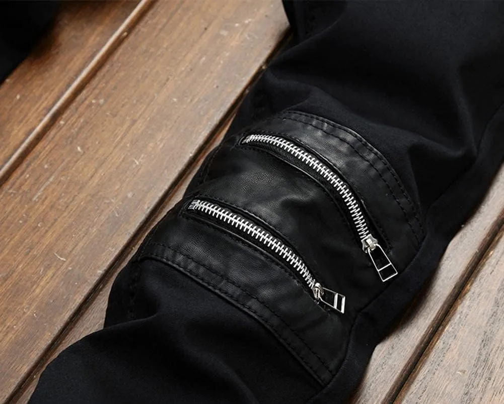 Men's Ripped Patchwork Pleated Stretch Biker Jeans with Zippers
