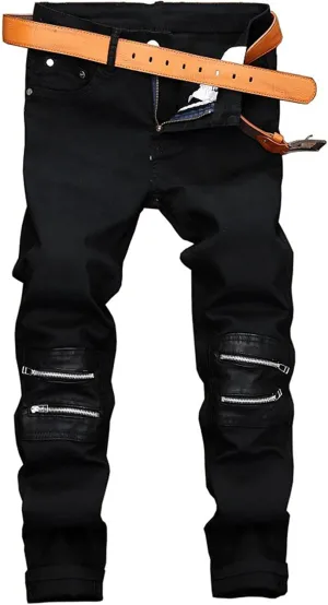 Men's Ripped Patchwork Pleated Stretch Biker Jeans with Zippers
