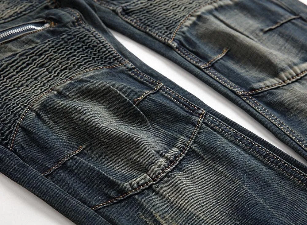 Men's Ripped Patchwork Pleated Stretch Biker Jeans with Zippers