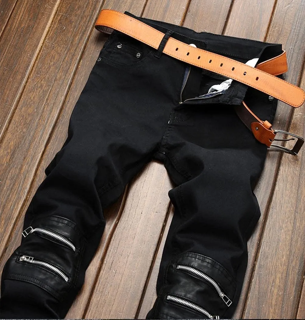 Men's Ripped Patchwork Pleated Stretch Biker Jeans with Zippers